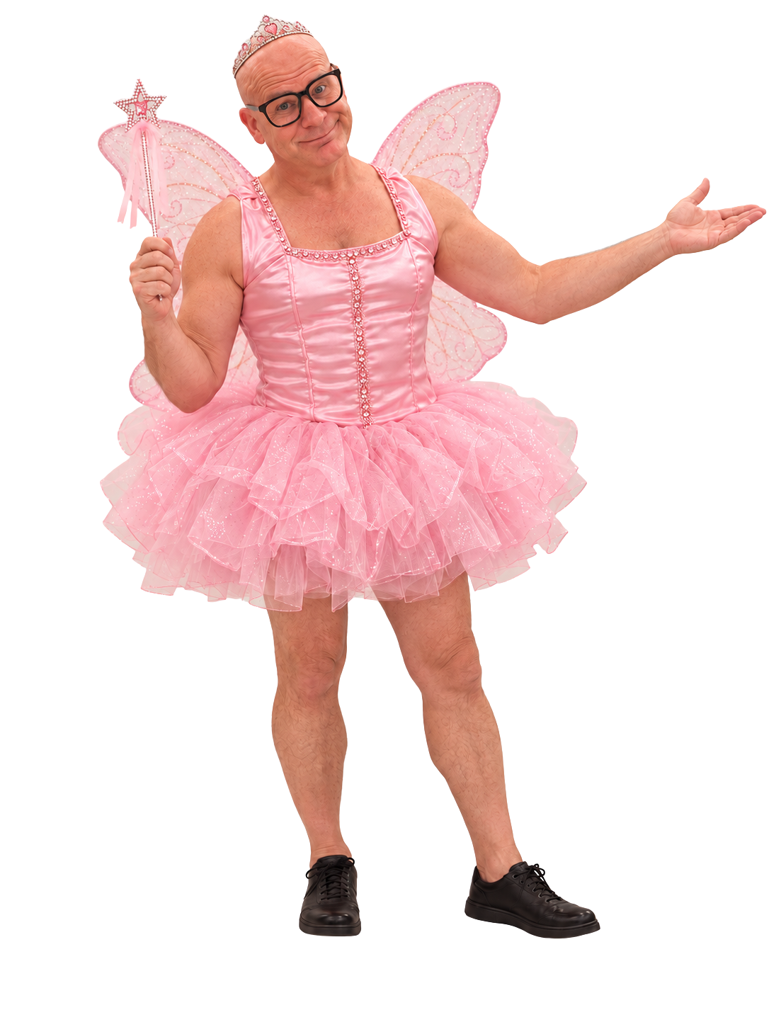Kirk in his pink fairy dress, wings and tiara, holding a star wand and welcoming you with an outstretched hand.